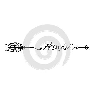 Continuous One Line lettering amor love in Spanish in the form of an arrow. Vector illustration for poster, card, banner