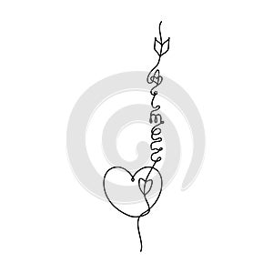 Continuous One Line lettering heart and aimer love in French in the form of an arrow. Vector illustration for poster, card, photo