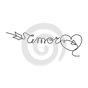 Continuous One Line lettering heart and amor love in Spanish in the form of an arrow. Vector illustration for poster, card,