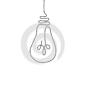 Continuous one line light bulb. Hand drawing linear icon, lamp sketch , business idea design, brainstorm inspiration concept