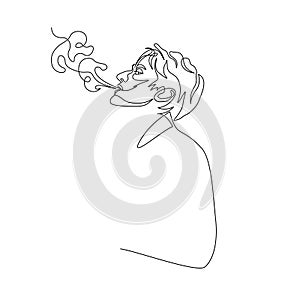 Continuous one line man exhale smoke of cigarette. Art