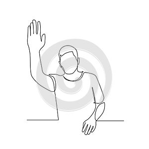 Continuous one line man pull her hand up, want to answer a question. Vector