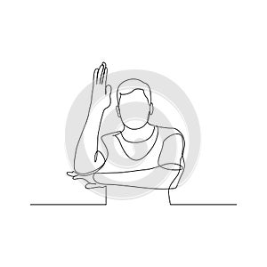 Continuous one line man pull her hand up, want to answer a question. Vector illustration.
