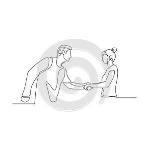 Continuous one line man shake hands with a woman. Vector illustration.