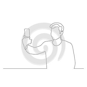 Continuous one line man taking selfie using smartphone. Vector illustration.