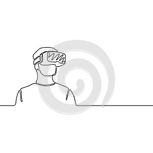 Continuous one line man with VR glasses, future concept. Vector illustration.