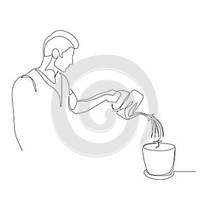 Continuous one line man is watering a plant in a pot. The concept of nurturing, investing and capital. Vector stock