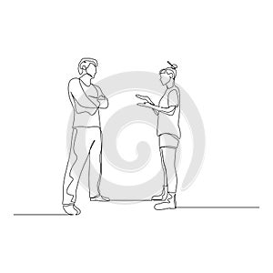 Continuous one line man and woman argue. Vector illustration.