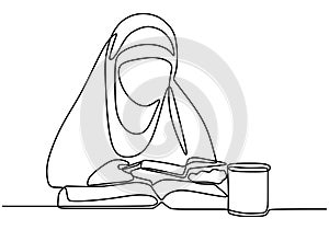 Continuous one line muslimah woman student reading a book with a glass coffee on desk. Character hijab lady reads. Back to school