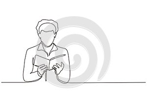 Continuous one line person read book. Young man reading and standing. Vector illustration college boy study education theme