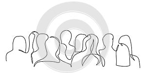 Continuous one line silhouette of a crowd of people back view. Vector illustration.