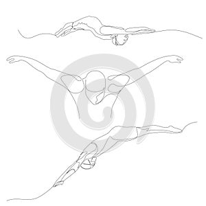 Continuous one line swimmer set. Swimming theme. Summer Olympic Games. Vector