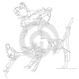 Continuous one line taekwondo fighter set. Summer Olympic Games. Vector