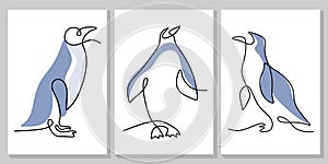 Continuous one line of three penguins poster for wallpaper isolated on white background