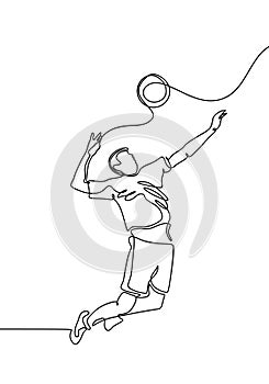 Continuous one line volleyball player. Man jumps to throw the ball. Vector illustration minimalist design simplicity style lineart