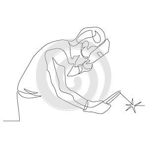 Continuous one line welter with welding mask. Vector stock illustration. photo