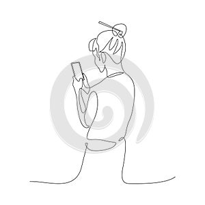 Continuous one line woman chatting with a smartphone, spending time in a smartphone. Rear view of a woman with bunched