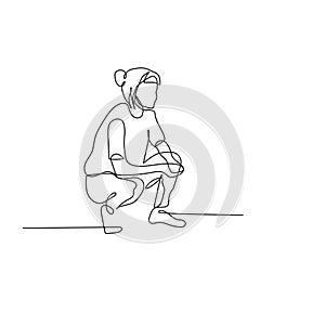 Continuous one line woman crouch sit. Vector illustration.