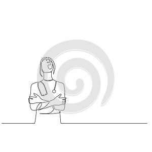 Continuous one line woman doctor with phonendoscope stand with arms crossed. Vector illustration.