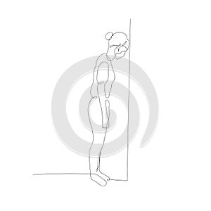 Continuous one line woman lean her head against the wall. Dead end, hopelessness, lack of prospects. Vector illustration