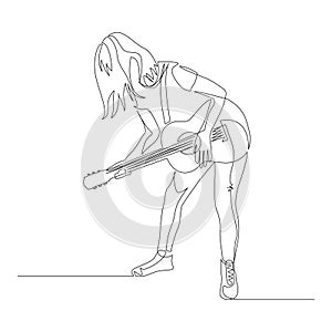 Continuous one line woman playing the guitar leaning forward. Vector illustration.