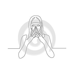 Continuous one line woman is plotting something. Conspiracy Planning. Vector illustration.