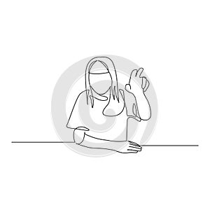 Continuous one line woman pull her hand up, want to answer a question . Vector