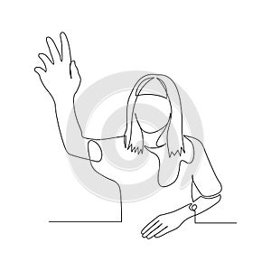 Continuous one line woman pull her hand up, want to answer a question. Vector.
