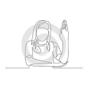 Continuous one line woman pull her hand up, want to answer a question. Vector illustration.