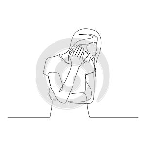 Continuous one line woman rest her head with her hand. Gloom and boredom. Vector illustration.