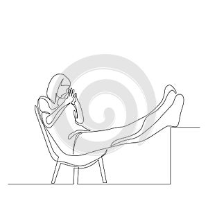 Continuous one line woman sits on an armchair raising her legs on the table, plotting something. Conspiracy Planning