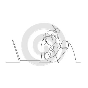 Continuous one line woman sitting in front of laptop propping her head with her hand. Vector illustration.