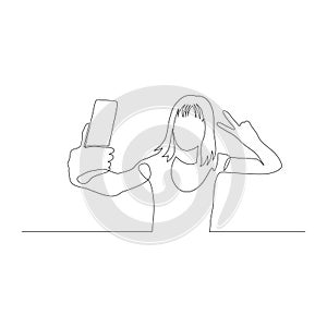 Continuous one line woman taking selfie using smartphone and show victory sign. Vector illustration.