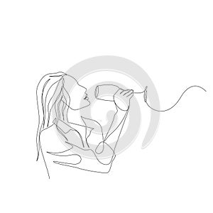 Continuous one line woman tastes wine. Degustation, tasting. Vector photo