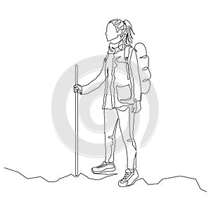 Continuous one line woman traveler with hiking backpack and stick. Travel and journey theme. Vector