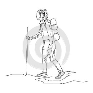 Continuous one line woman traveler is walking with a hiking backpack and stick. Travel and journey theme. Vector