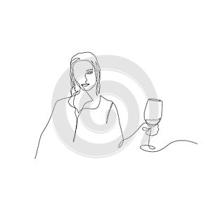 Continuous one line woman with wavy hair hold glass of wine in hand. Art. Vector