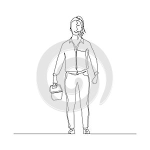 Continuous one linne woman with tool box in hand. Vector