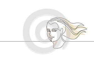 Continuous one single line art girl face concept. Beautiful woman portrait fashion hair hand drawn sketch. Beauty happy