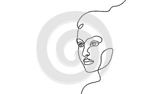 Continuous one single line art girl face concept. Beautiful woman portrait fashion hair hand drawn sketch. Beauty happy