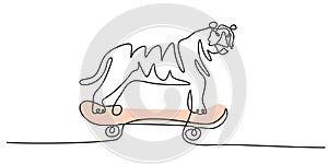 Continuous one single line of big tiger playing with snowboard isolated on white background