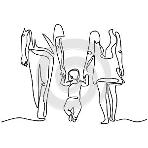 Continuous one single line drawing of family walking. Mother, Father, and son concept of holding hands together. Parenting and