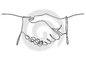 Continuous one single line drawing of a handshake. A hand`s business partner and shaking their hands to deal a contract isolated