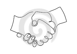 Continuous one single line drawing of a handshake. A hand`s business partner and shaking their hands to deal a contract isolated