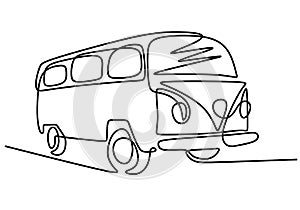 Continuous one single line drawing of vintage classical VW car. Old retro car in minimalist design isolated on white background.