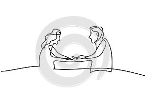 Continuous one single line drawing of young happy male and female couple doing romantic date and dinner together. Sweet honeymoon