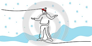 Continuous one single line of man standing on snow using santa hat isolated on white background