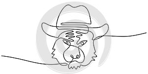 Continuous one single line of tiger head using cowboy hat isolated on white background photo