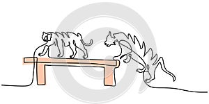 Continuous one single line of two tigers playing on board for circus attraction isolated on white background photo