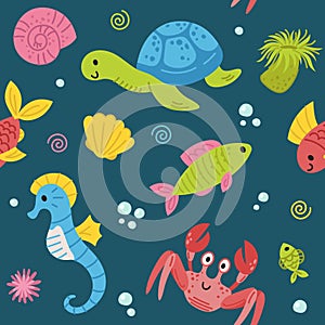 Continuous pattern of sea life. Sea creatures. Jellyfish, fish, seahorse, crab, shells. Vector doodle cartoon illustration of sea